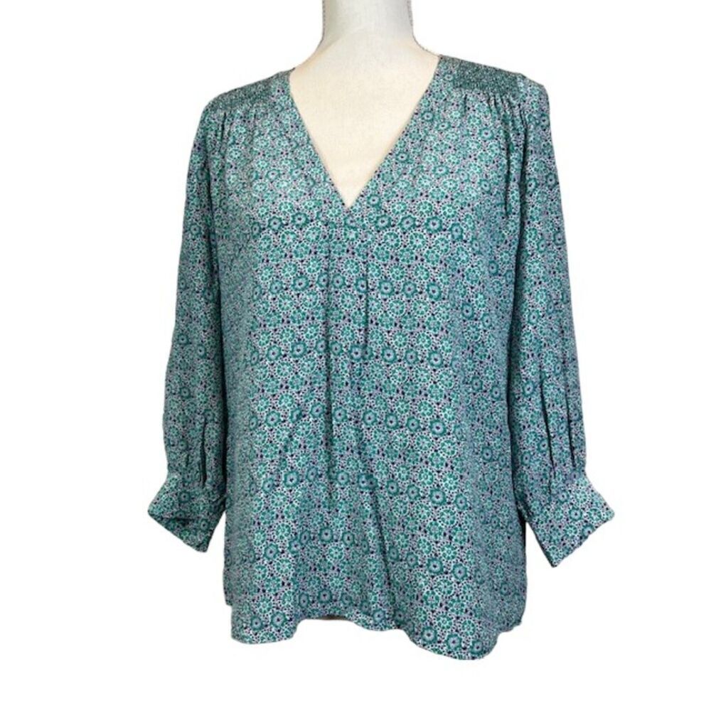 Joie Silk Aceline Print V-Neck Blouseโ Button Cuff Oversized Green Blue Size XS